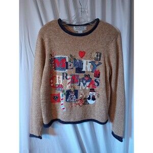 Heirloom Collectibles Christmas Collection Women's Tan Sweater Petite Large.